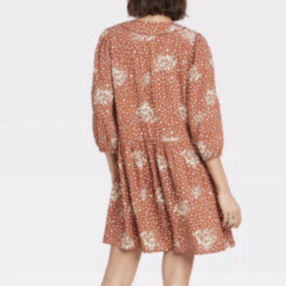 Knox Rose Floral Print Peasant Boho Mini Dress Women's Size Large Rust Cream - Picture 4 of 12